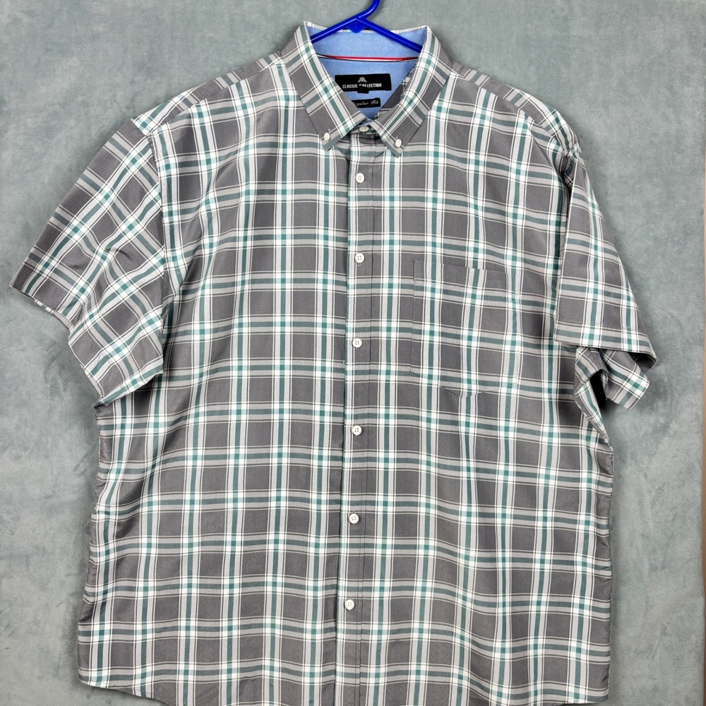Classic Collection Mens 2XL Gray Teal Plaid Short Sleeve Button Down Shirt